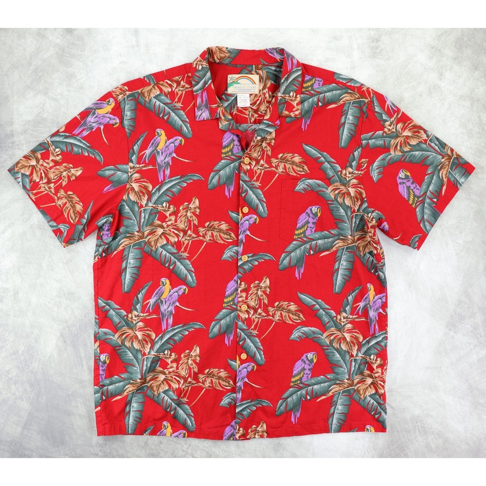 Paradise Found Hawaiian Shirt Men XL Red Magnum PI Aloha Jungle Bird Parrots USA